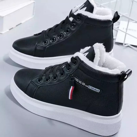 Botas de pelúcia quente PU para mulheres, sapatos de inverno, apartamentos, rendas, botas de neve curtas, senhoras, 2022