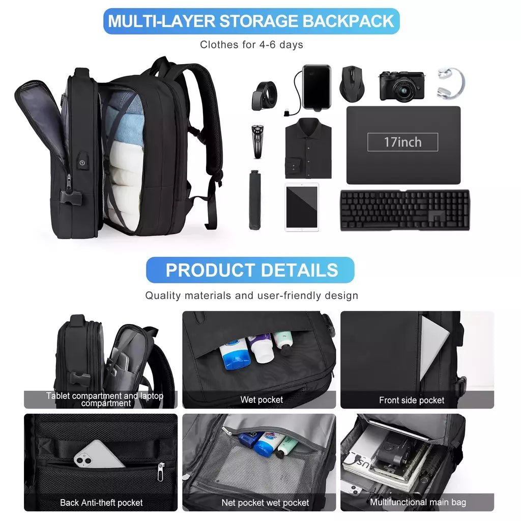 Mochilas expansíveis impermeáveis para homens Likros, grande capacidade, mochila de viagem de negócios, Weekend Laptop Bag, Carry on