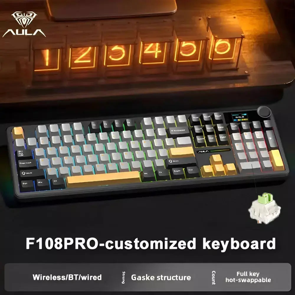AULA F108 Pro Gaming Mecânico Teclado Tri Mode Personalizado Multi-Pulha Tela RGB Esports Teclado Sem Fio com TFT Smart Display