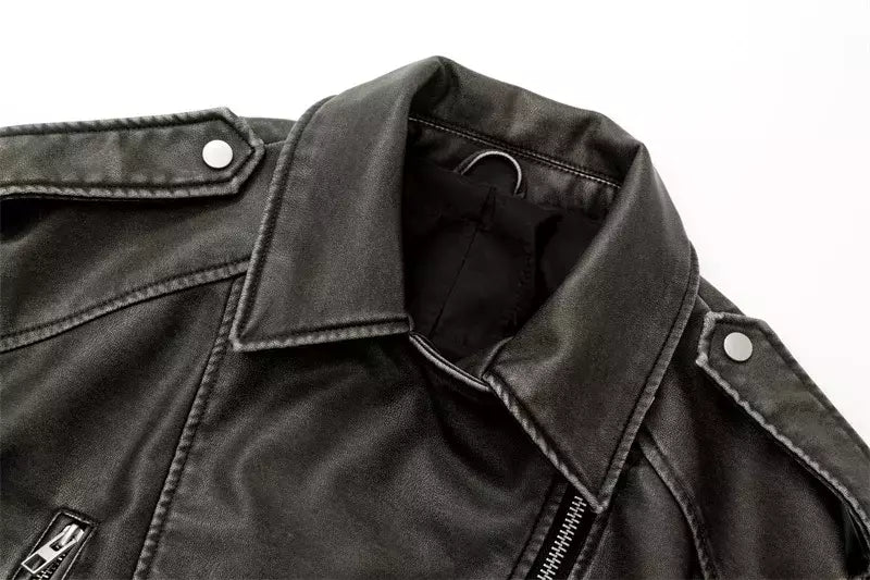 Jaqueta de couro lavada RARF com cinto para mulheres, casaco curto, zíper rebaixado e lapela vintage, cinza de carvão, novo, 2024