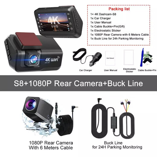 Kocam 4K UHD Dash Cam WiFi Carro DVR Dianteira e Traseira Lente Dupla Câmera Auto para Carro com Visão Noturna 24H Monitor de Estacionamento Caixa Preta