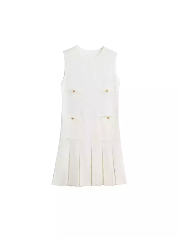 Mini vestido de bolso feminino sem mangas com o pescoço, malha, elegante vestido de botão, fino Lady Fashion, verão, fêmea, 2024