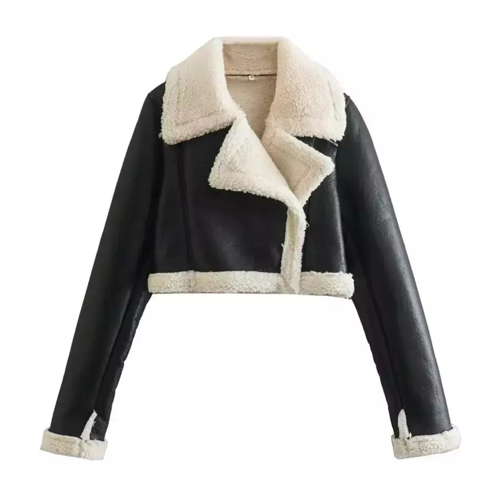 Jaqueta vintage de zíper frontal feminina, gola lapela, mangas compridas, roupas chiques femininas, monocromáticas, moda senhora
