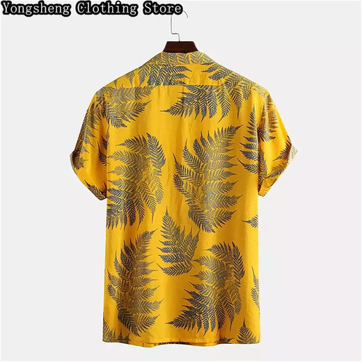 Camisa casual de seda gelo estampada manga curta masculina, site independente, roupas de férias havaianas, venda quente