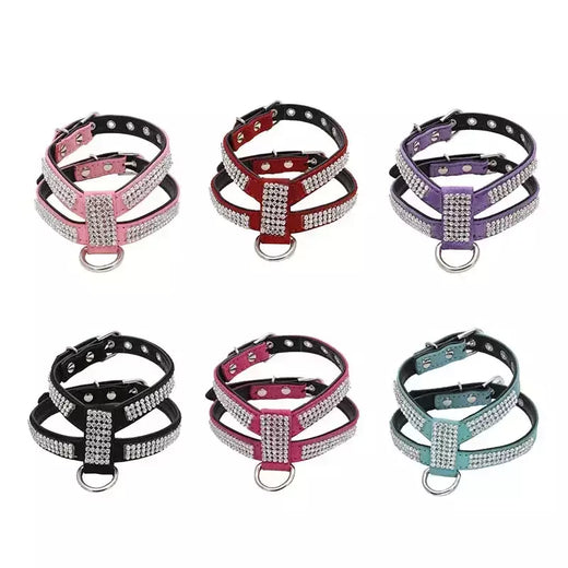 Coleira para cães, cinta peitoral ajustável, produtos para animais de estimação, coleira para cães, liberação rápida, brilhante, em forma de k, strass, couro pu