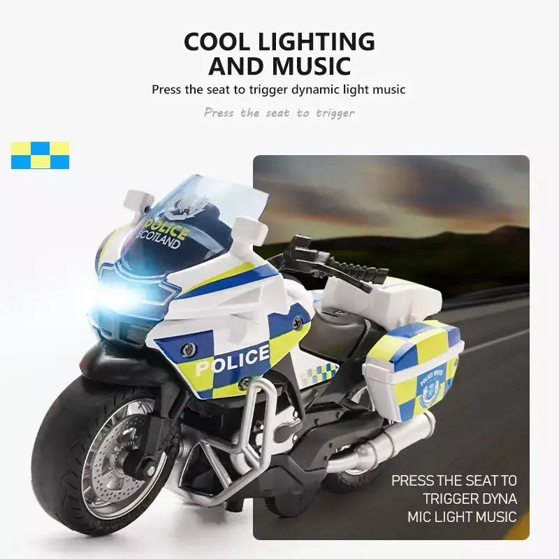 1/14 modelo de carro liga puxar para trás motocicleta locomotiva masculina carro de polícia com luz e veículos de simulação de música brinquedos infantis