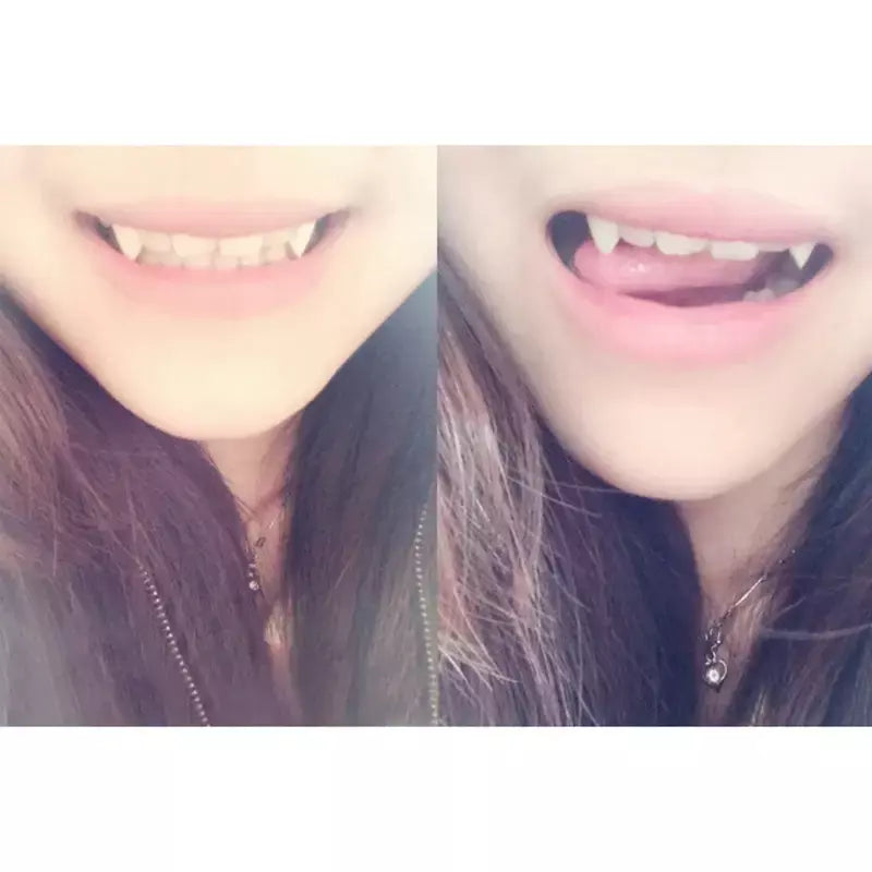 1 par de dentaduras de vampiro para halloween, adultos e crianças, festa de halloween, bola de máscaras, cosplay, cola sólida, dentes falsos, adereços de decoração diy