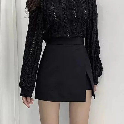 Mini saias pretas femininas, fenda lateral irregular, cintura alta, shorts linha A, saias femininas de verão, envoltório chique do quadril, moda coreana