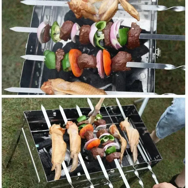 Espetos de churrasco de aço inoxidável alça longa 55cm alça de churrasco de madeira grande vara plana ao ar livre piquenique ferramentas de churrasco