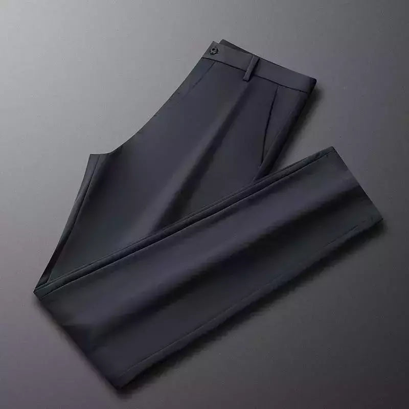 Calça fina de seda láctea elástica de quatro lados masculina, casual para escritório, nova, verão