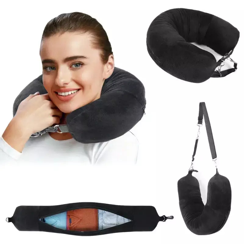 Travesseiro de pescoço para viagem com roupas preenchíveis, fronha em formato de u, capa de veludo, bolsa de armazenamento extra para avião, economia de espaço de viagem