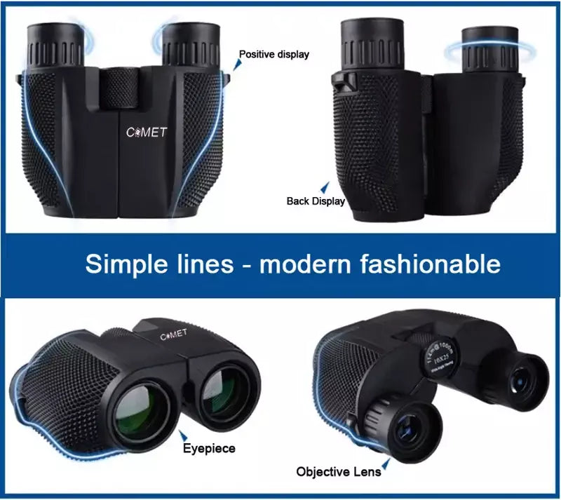 Comet binóculos 10x25 bolso de longo alcance hd telescópio dobrável compacto bak4 prisma binocular escopo óptico lente fmc para caça