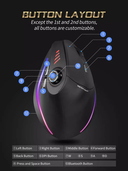 Zelotes f18 mouse ergonômico vertical 2.4g mouse sem fio bluetooth 24000dpi com programação mouse para jogos para computador portátil