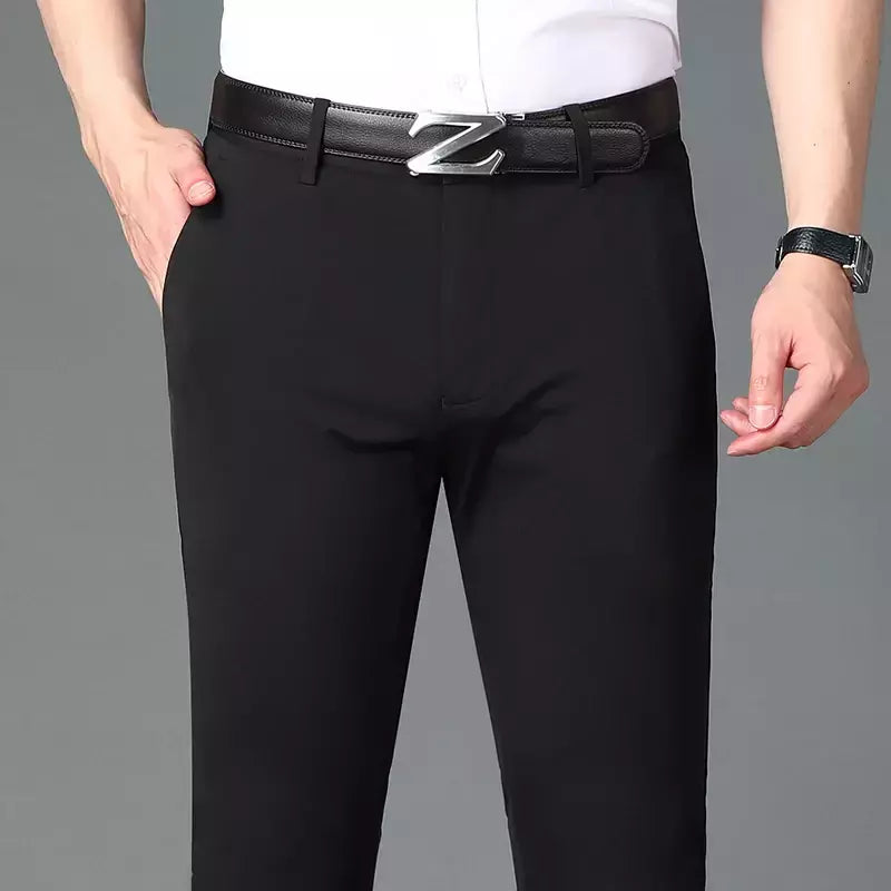Calça fina de seda láctea elástica de quatro lados masculina, casual para escritório, nova, verão