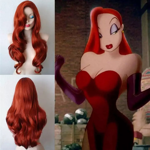 Perucas femininas onduladas vermelhas de cobre Jessica Rabbit longo encaracolado peruca cosplay de cabelo feminino