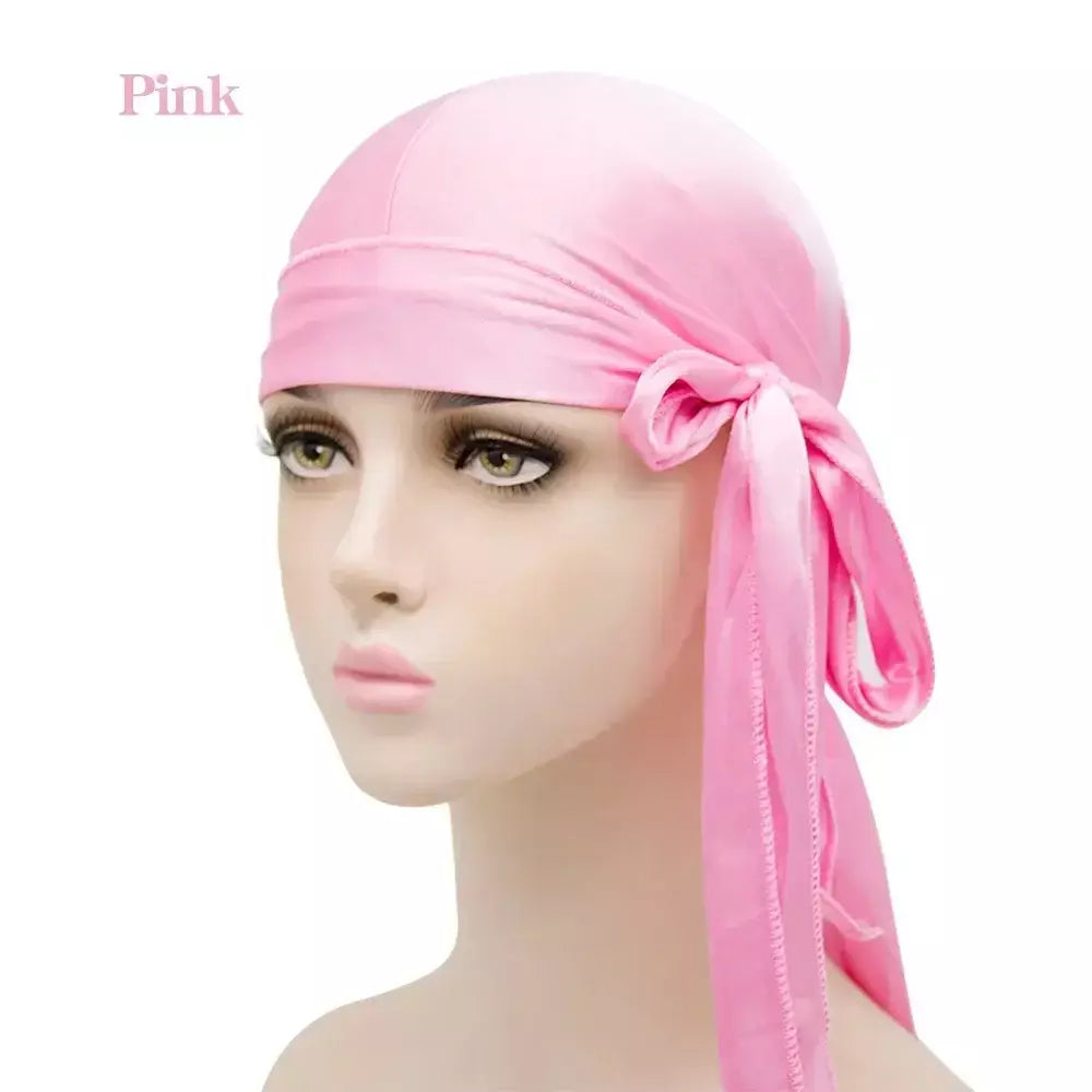 Elasticidade baotou boné faixas de cabelo simulação sedosa durag cauda longa chapéu pirata bandana turbante para crianças criança fita acessórios