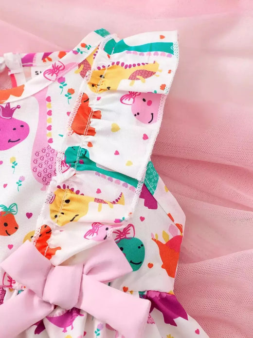 Vestido sem mangas de dinossauro pequeno para menina, saia legal dos desenhos animados, adequado para o verão à beira-mar e areia, moda para criança, 0 a 3 anos