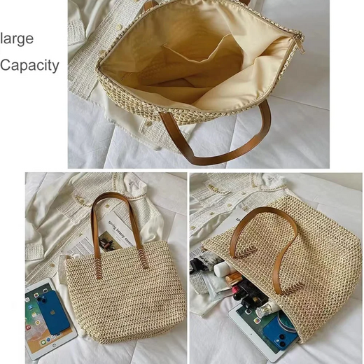 Bolsa de ombro tecida para mulheres, bolsa de mão, palha, artesanal, grande capacidade, verão, praia, viagem, tote