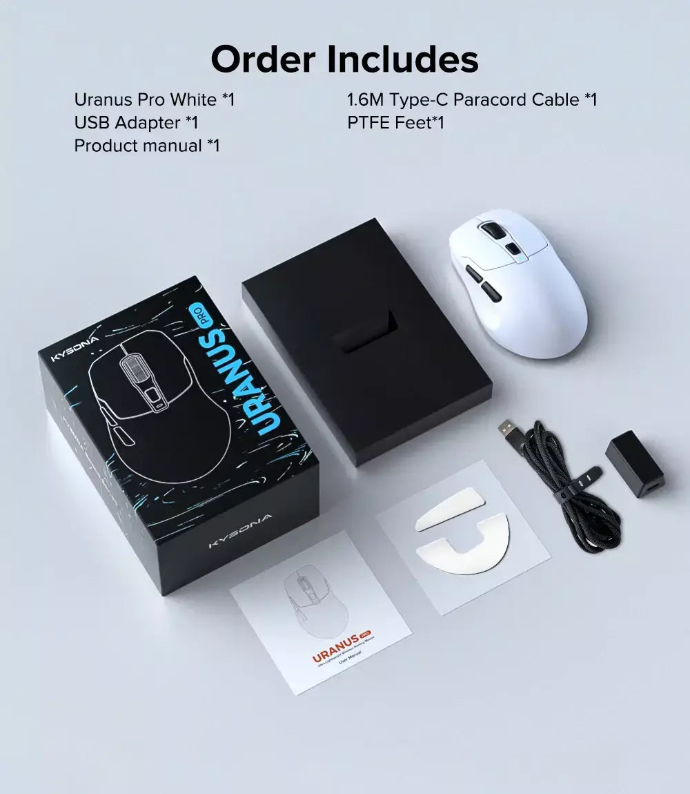 Kysona uranus pro mouse para jogos sem fio mouse ergonômico paw3395 54g 8khz taxa de pesquisa 26000dpi para mão direita grande pc gamer