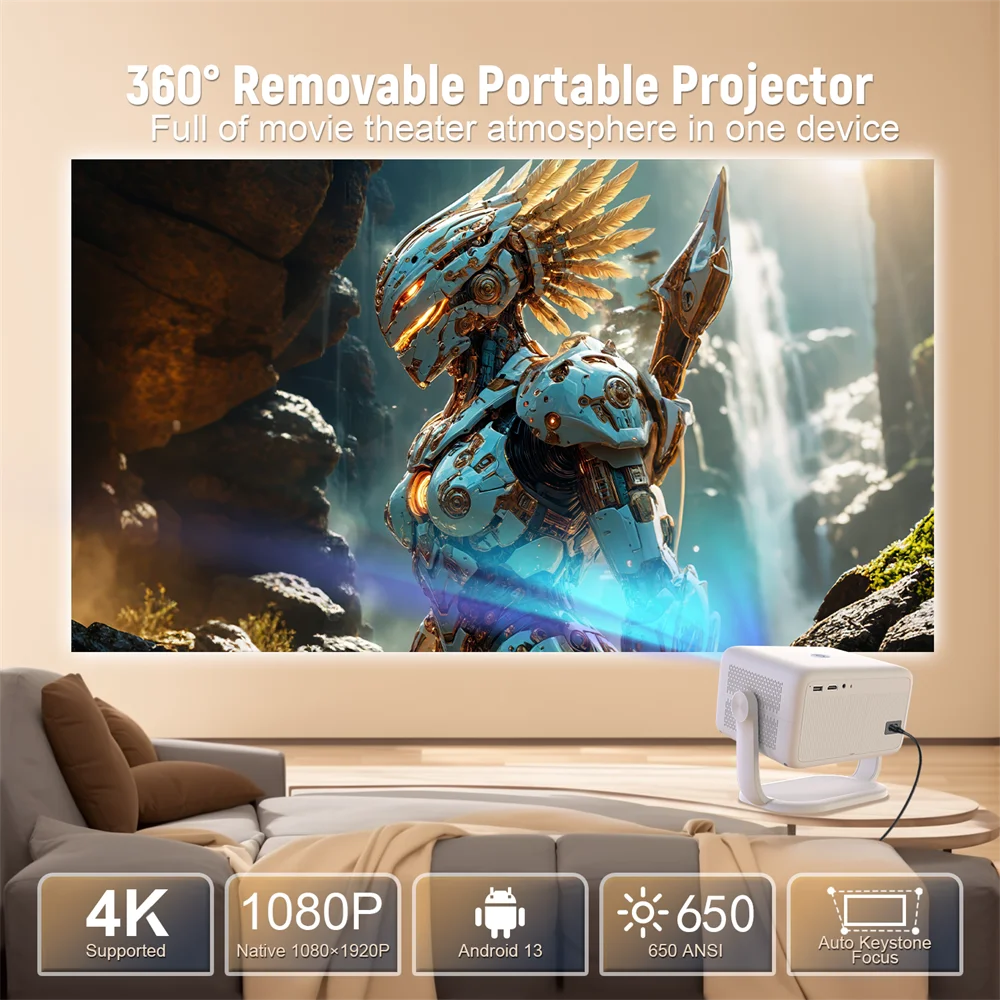 Projetor de certificação Velec Netflix Android 13 4K nativo 1080P 650ANSI com foco automático Wifi6 BT5.2 360 ° Projetor doméstico para exterior