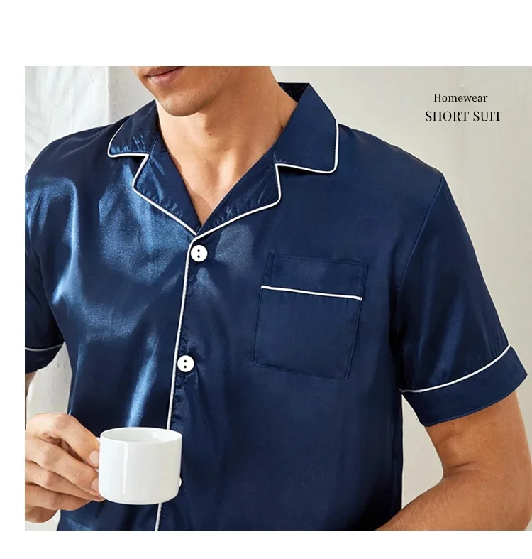 Pijama de cardigã de seda gelada masculino de manga curta, cardigã simples, roupa doméstica pura colorida, tamanho grande, pijamas de duas peças, senior sense