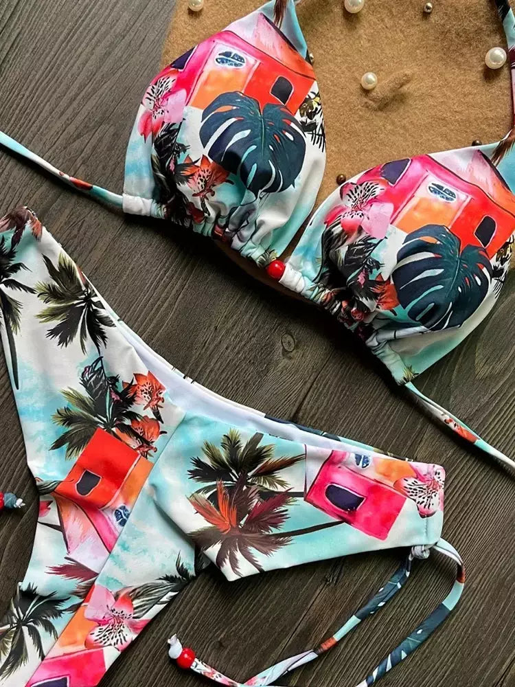 OIINAA-maiô sexy para mulheres, moda praia estampa halter, conjunto de biquíni com renda, maiô verão, moda praia sexy com cordão, 2 peças