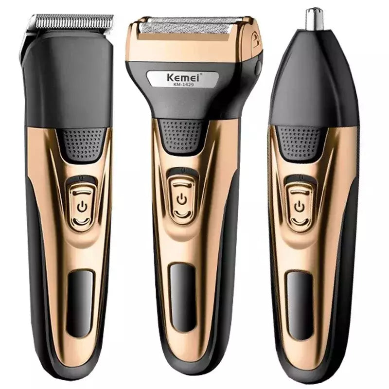 Kemei-Kit de higiene elétrica para homens, aparador de pêlos de barba, barbear corpo, nariz e orelha, lâmina facial recarregável, 3in 1