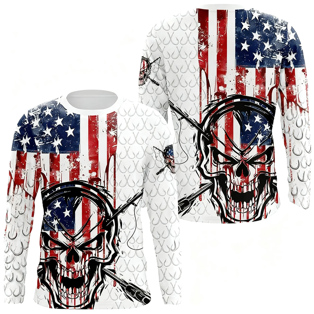 Bandeira americana crânio de pesca camiseta de manga comprida verão camisa de pesca pesca em torno do pescoço de manga comprida solta de secagem rápida pullove