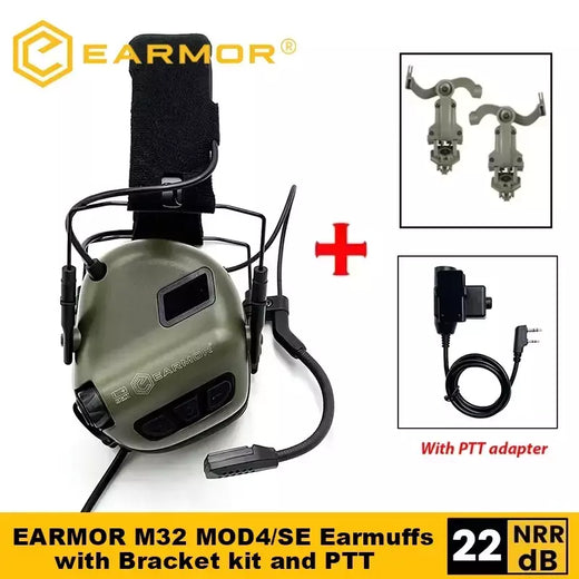 Earmor m32 mod4/se tiro earmuffs tático redução de ruído fone com capacete arco ferroviário adaptador com kenwood ptt adaptador novo