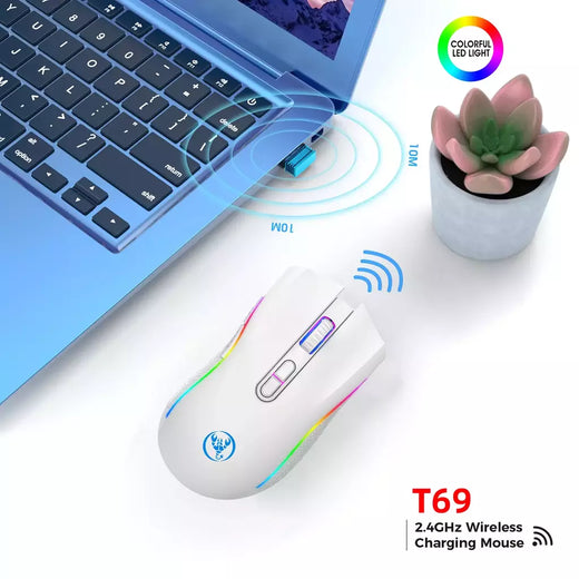 HXSJ-T69 Mouse mecânico sem fio para jogos, 2.4G, RGB, ergonômico, 7 botões programáveis, 4800DPI, Office Gamer