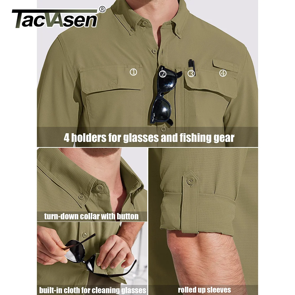 Tacvasen camisas de pesca de secagem rápida upf 50 + proteção solar masculina camisas de manga longa + curta malha respirável caminhadas trabalho camisas de carga