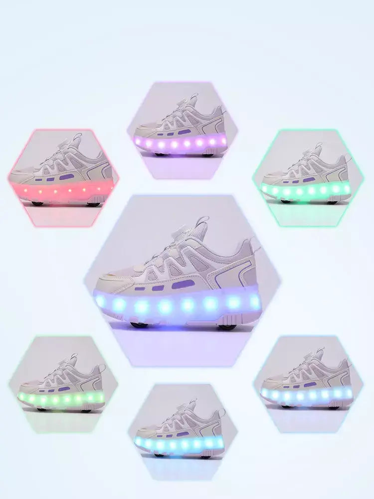 Crianças quatro rodas luminosa brilhante tênis preto rosa led luz rolo sapatos de skate crianças sapatos led meninos meninas carregamento usb
