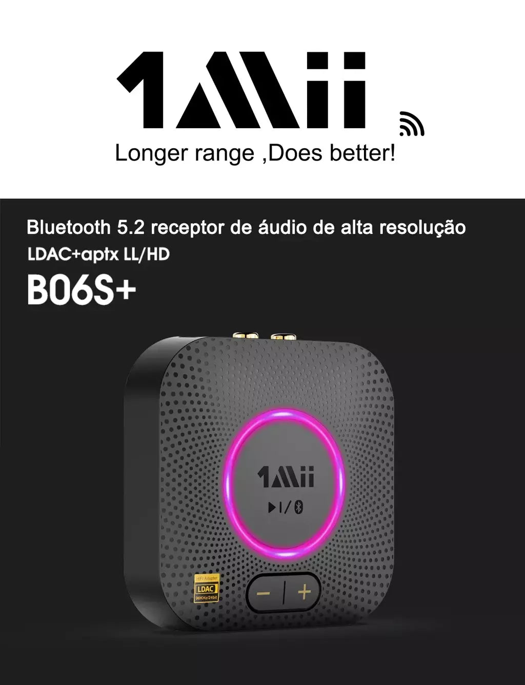 1Mii B06S+ Receptor Bluetooth 5.2, adaptador de áudio HiFi com LDAC Aptx HD&LL, áudio de alta resolução de longo alcance com controle de volume