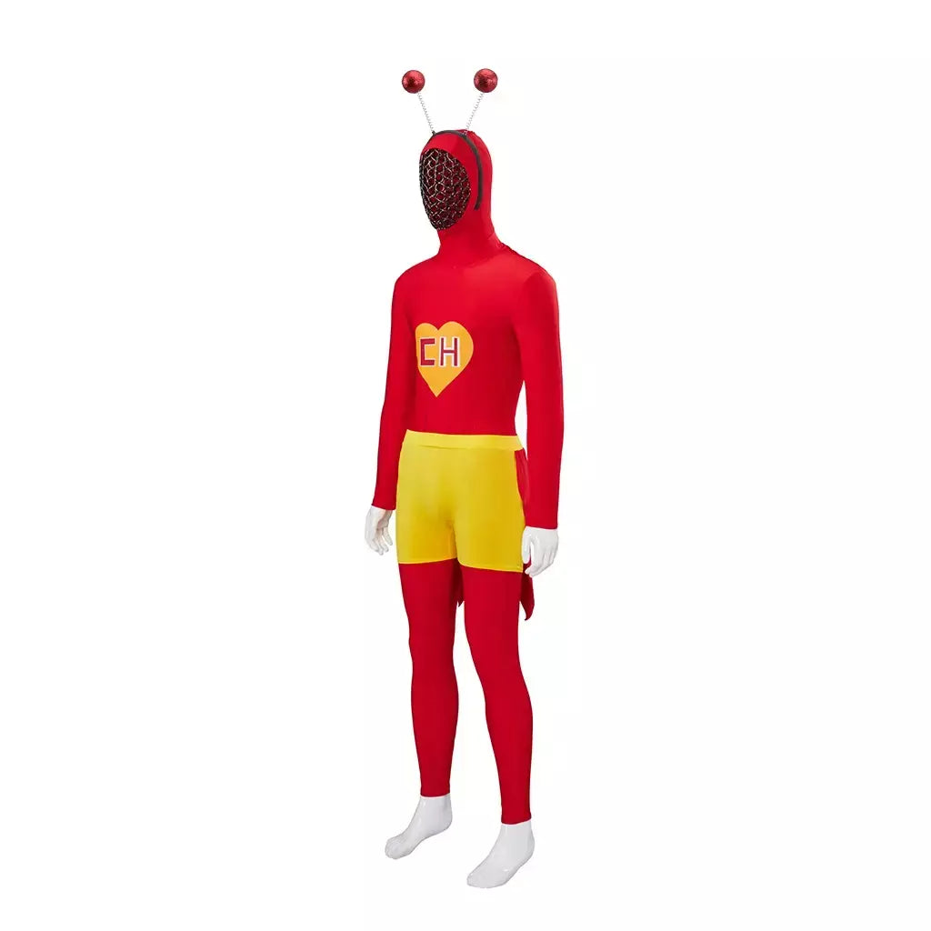 Em estoque adultos el chapulin colorado cosplay traje macacão chapulin colorado vermelho bodysuit coração impresso roupas para o dia das bruxas