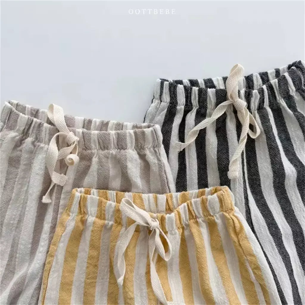 Calças listradas de algodão de linho vintage para meninos casual bolso design elásticos calças de cintura para criança menina roupas crianças