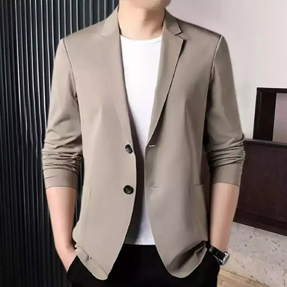 Blazers de negócios monocromáticos masculinos, blazers slim fit, botões duplos, lapela, mangas 3/4, terno de deslocamento, casaco do noivo