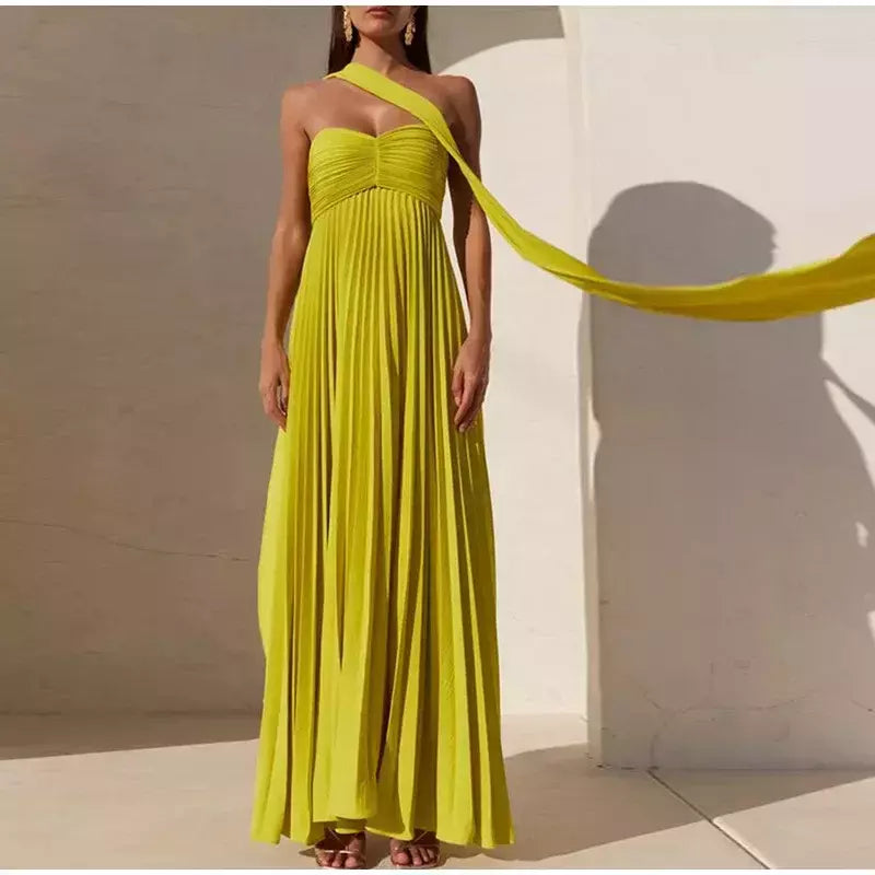 Vestido longo plissado sem alças feminino, Elegante, Sem alças, Fita, Plissado, Sexy, Sem mangas, Sem encosto, Lady, Festa à noite, Novo, Verão, 2022