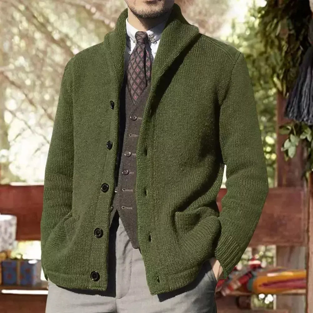 Homens casaco de malha lapela manga comprida bolsos engrossados cardigan camisola masculina outono botões sólidos placket casaco de malha para o trabalho