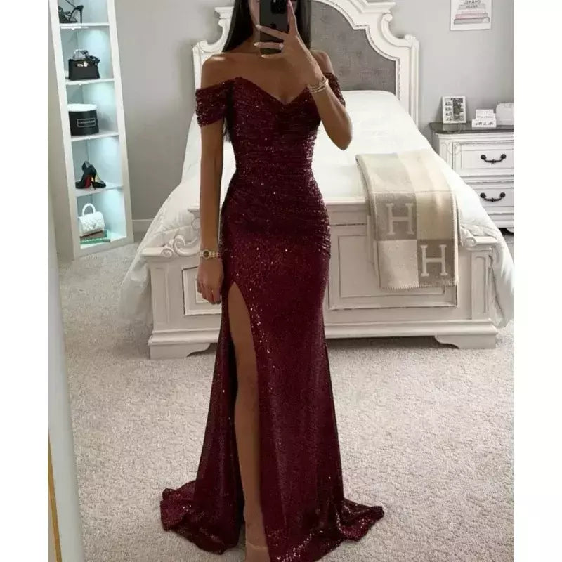 Novidades, design requintado, festa, lantejoulas, gola aberta, vestido casual, moda feminina