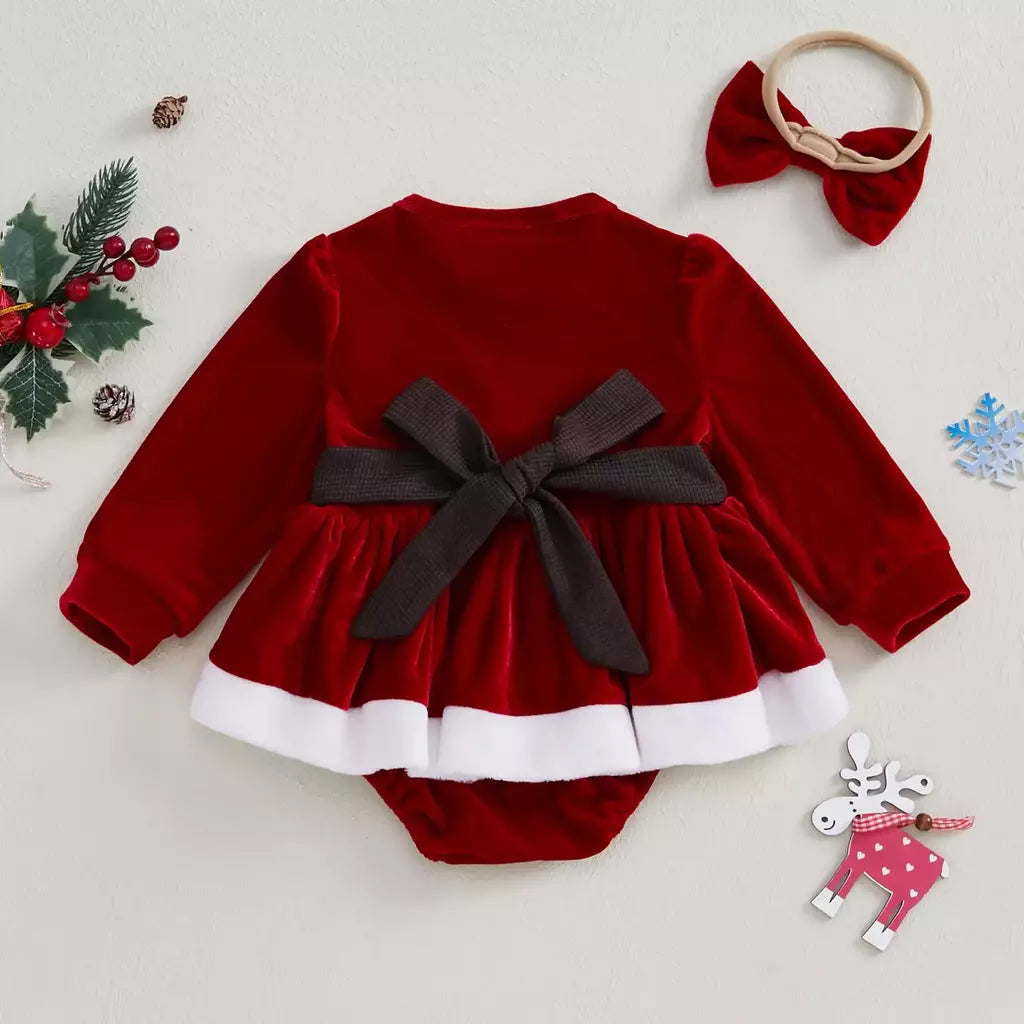 MISOWMNJOY-Romper de veludo com bowknot para bebês, vestido de festa de Natal, roupas recém-nascidas, macacão de manga comprida