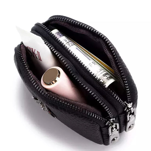 Mulheres couro de vaca com zíper duplo Carteiras Bolsa, Bee Cartão Hole Bag, Batom Case, Couro Mini fone de ouvido Coin Purse, feminino