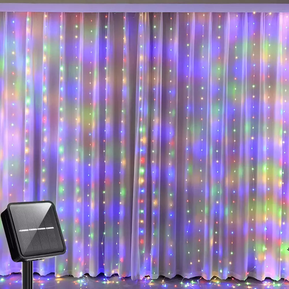 Impermeável Solar LED Curtain Light Decoração de guirlanda ao ar livre, luzes de corda, quintal, Natal, fada, luzes de corda, 300LEDs