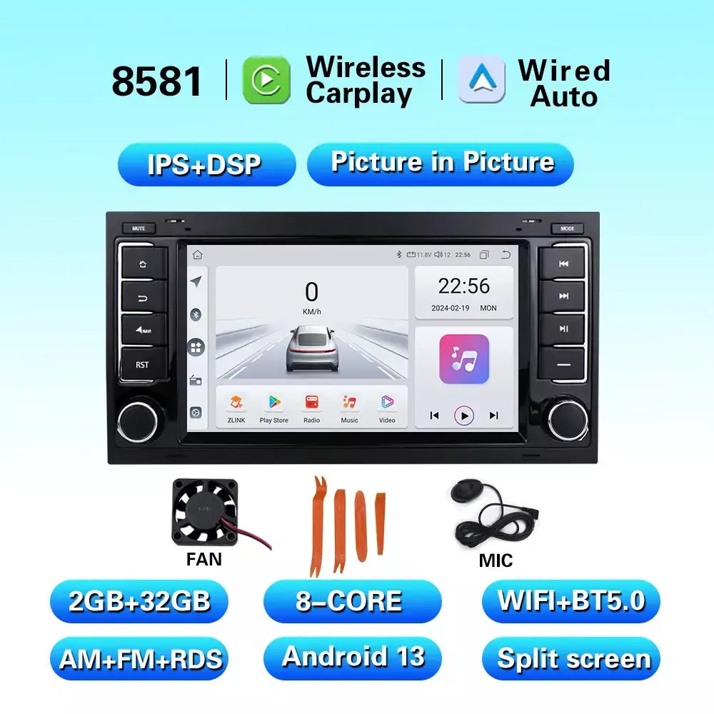 Leitor multimídia carro com Bluetooth, Android 13, 2 Din, Carplay para Touareg T5 Transporter, Volkswagen VW 2002-2010, Auto Bluetooth