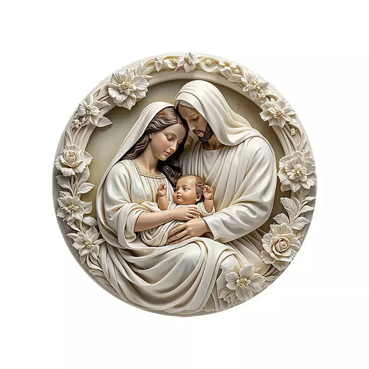 Ornamento clássico de madeira para presépio: a Sagrada Família de Maria, Jesus e Joseph, pendurado na parede, ?