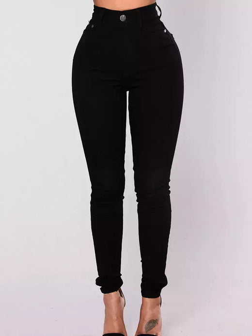 Calça jeans skinny com elástico de cintura alta feminina, calça comprida lápis, envoltório reto de perna, calça casual quadris, vintage, estreita, senhora