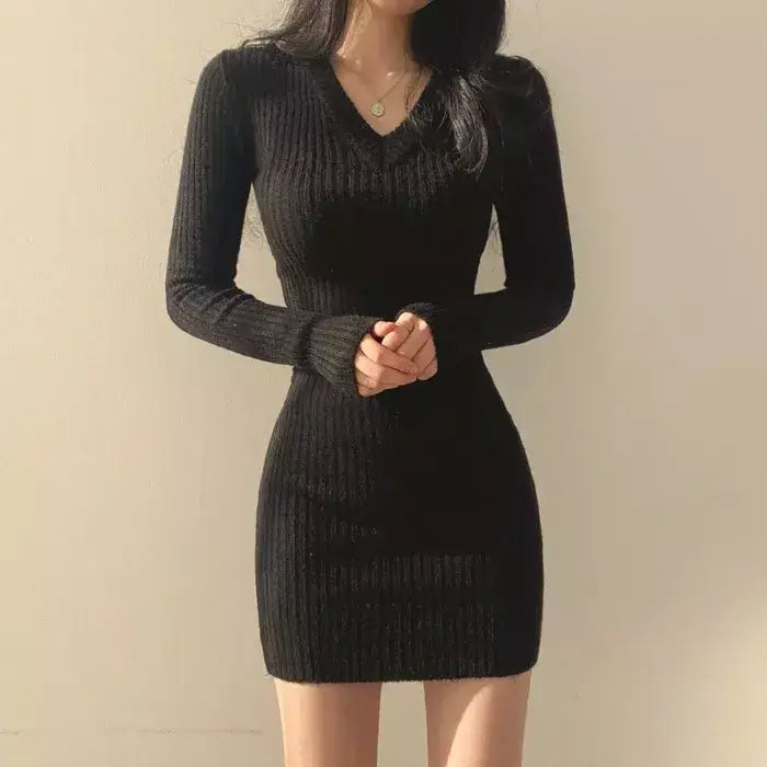 Vestidos para mulheres nova manga longa com decote em v magro vestido feminino pacote de malha hip vestido feminino vestidos de verano mujer 2025 q1082