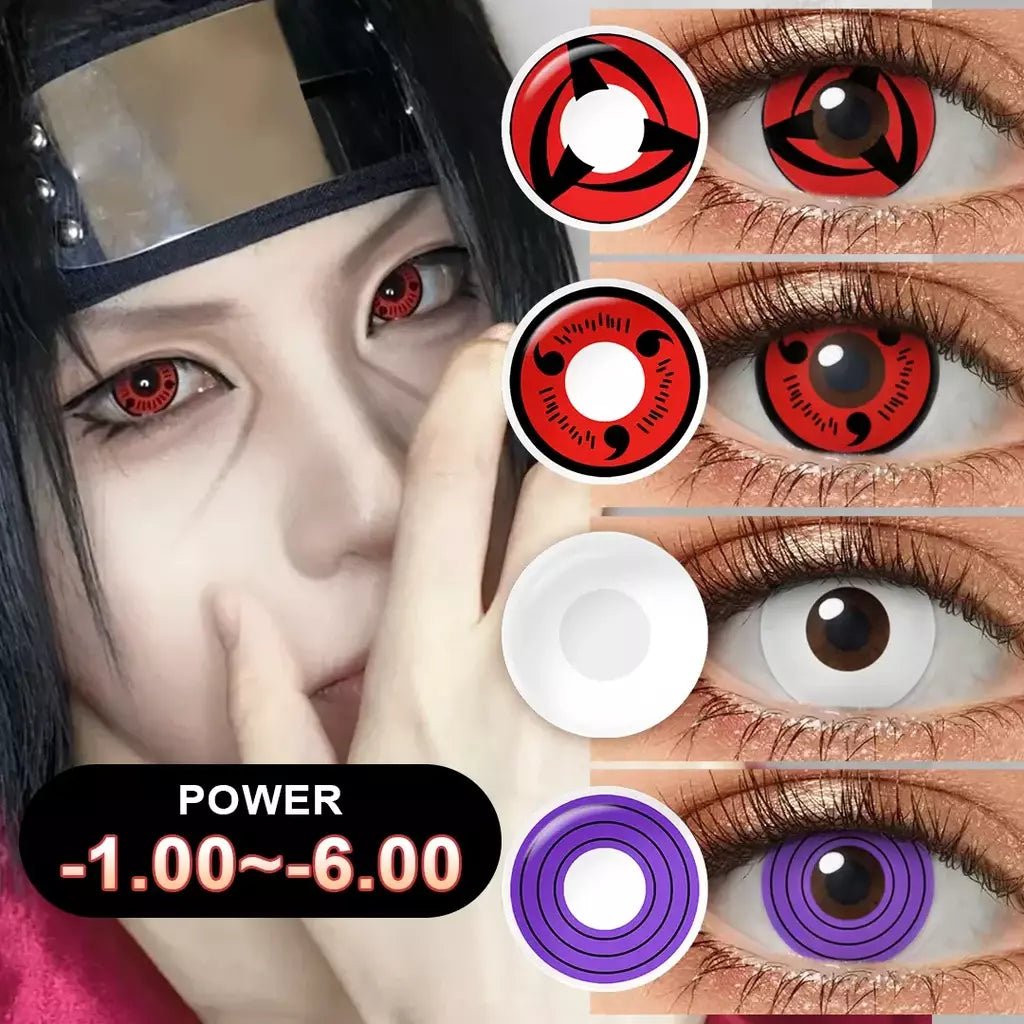 (0,00 ~-6,00) Lentes de contato de prescrição Pseyeche com grau Sasuke Anime Cosplay Sharingan Rinnegan Lente de contato anual