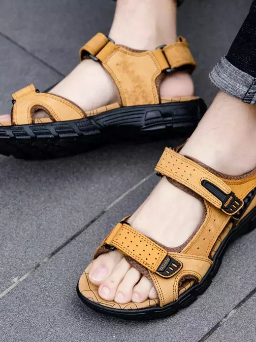 Sandálias masculinas clássicas de couro genuíno, sapatos de verão, casual, ao ar livre, praia, feriados, marca