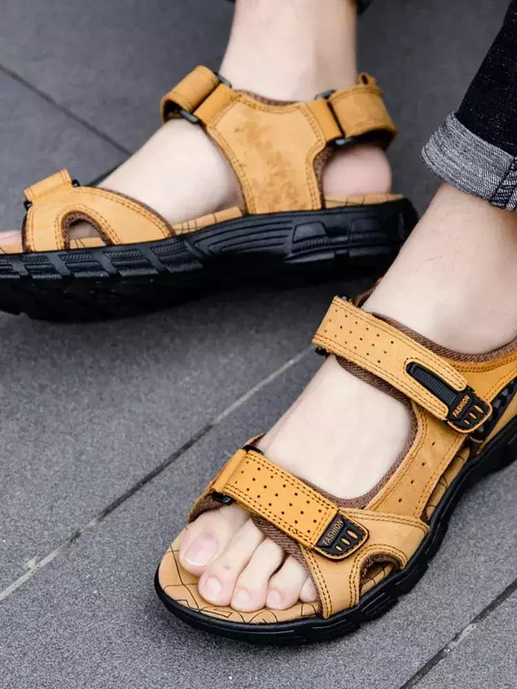 Sandálias masculinas clássicas de couro genuíno, sapatos de verão, casual, ao ar livre, praia, feriados, marca