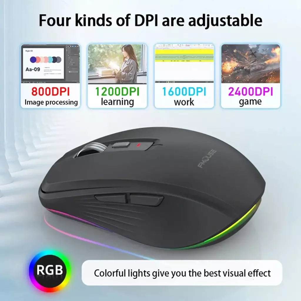 Mouse sem fio de modo duplo USB2.4G + BT5.1 Tipo-C Mouse para jogos recarregável Design ergonômico 2400 DPI com mouse de luz RGB